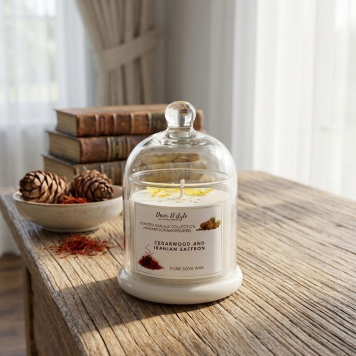 Decor D style Glass Bell Jar Candle With Cedarwood And Iranian Saffron Aroma Candle