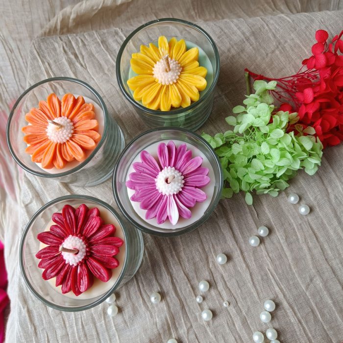 Decor D style Daisy Flower Candle Combo of 4 aroma (Lavender, Champa, Jaismine, Rose) Candle